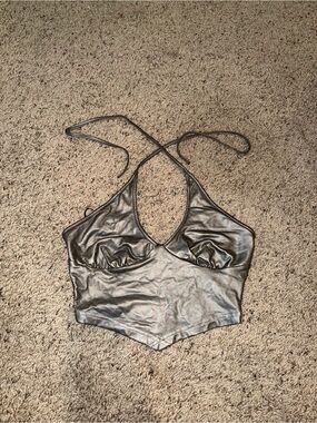 Metallic Silver Halter Crop Top